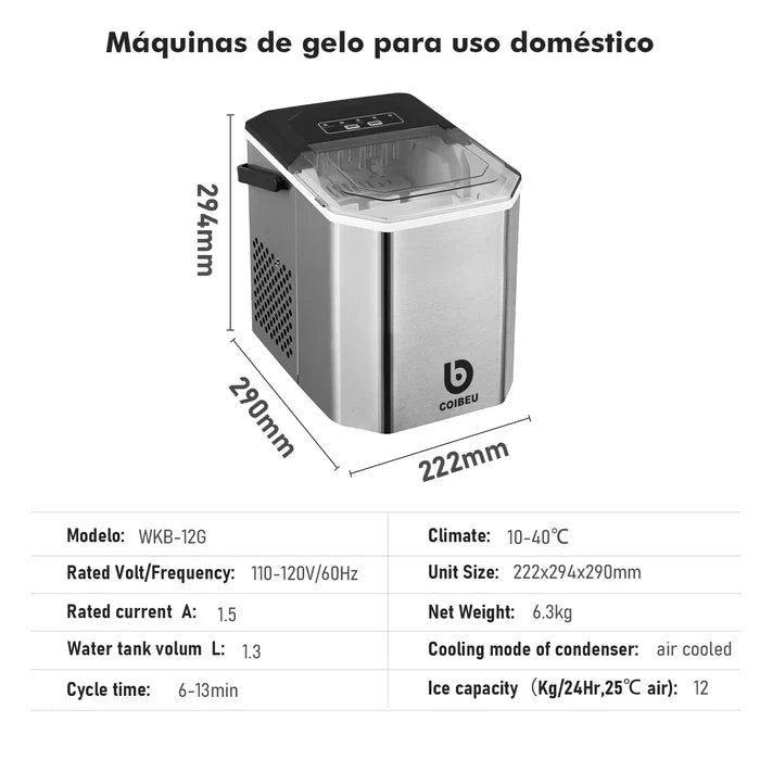 Smart Ice - Máquina de Gelo Portátil 12kg - Compacta, Silenciosa e Rápida